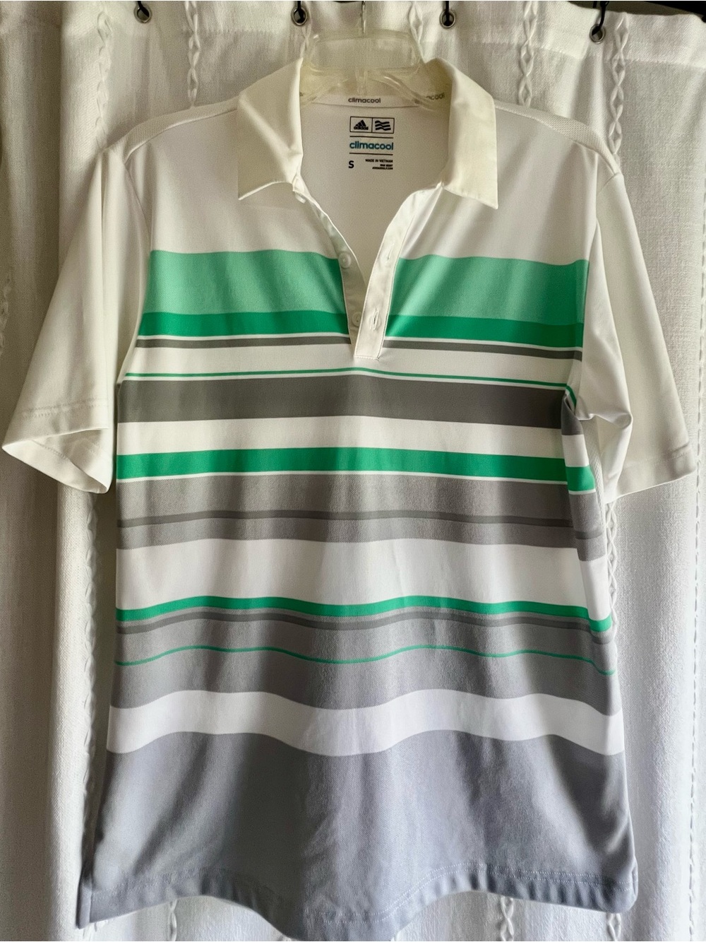 adidas White Green and Gray Striped Golf Polo